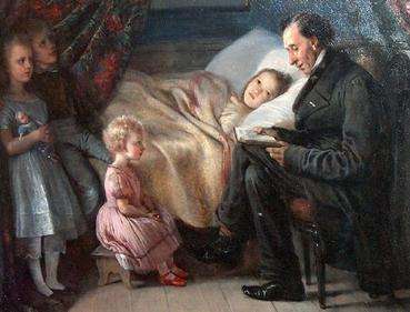 O Hans Christian Andersen διαβάζει μια ιστορία του σε ένα άρρωστο παιδί. (Elizabeth Jerichau-Baumann, Denmark, 1862)